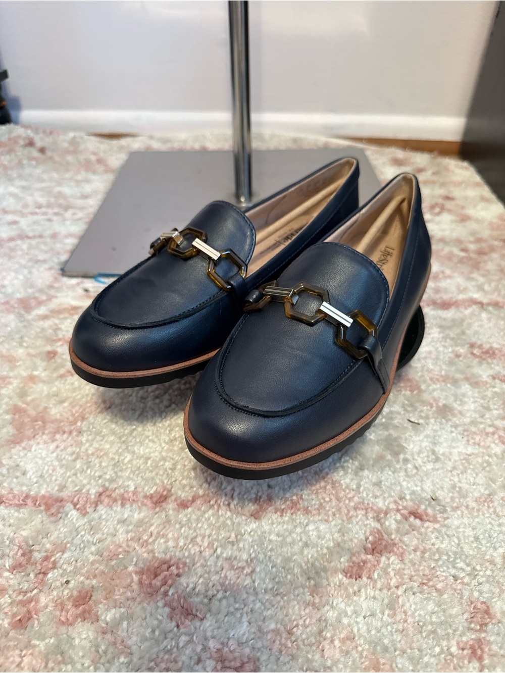 Dr. Scholl's Navy Leather Loafers with Gold Chain Accent